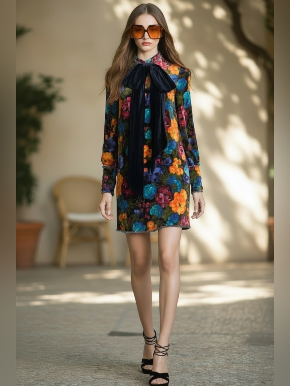 Gucci Multicolor Floral Velvet Dress With Jeweled Trim And Navy Velvet Bow - Picture 4 of 11